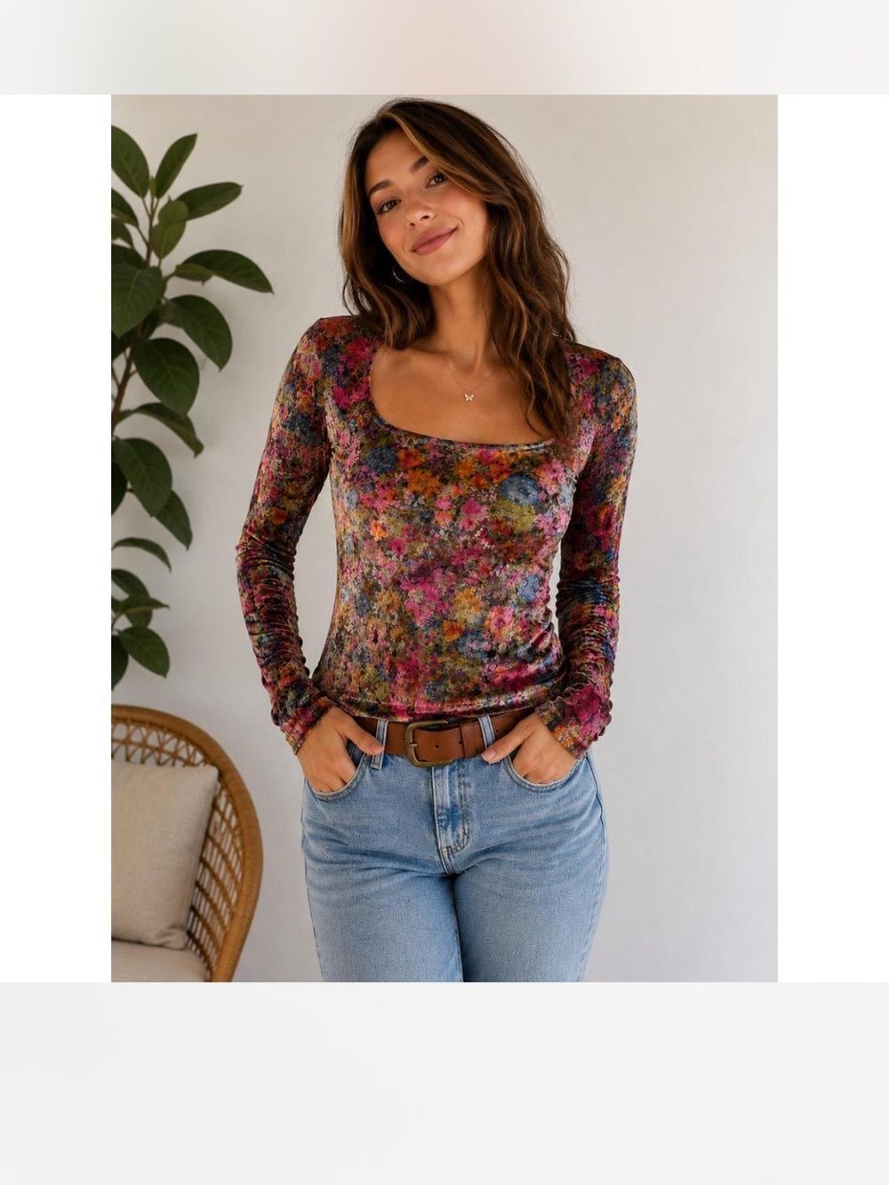 Natural Life Floral Velvet Long Sleeve Top Size Small Boho Cottagecore